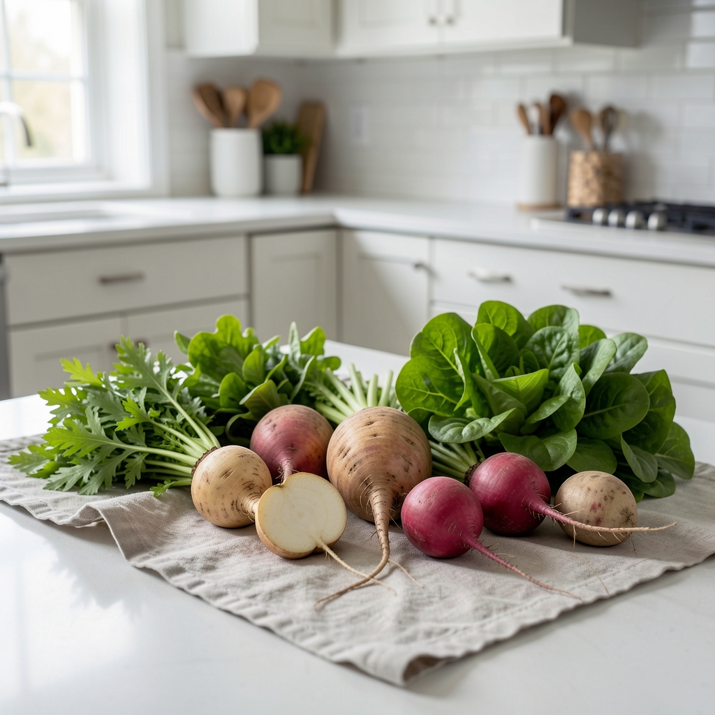 Fresh produce laid on a linen cloth including root vegetables and leafy greens in a clean kitchen setting