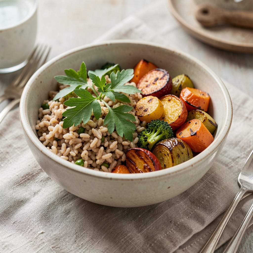 Carefully prepared whole-grain bowl with fresh herbs and roasted seasonal vegetables on a linen-covered table