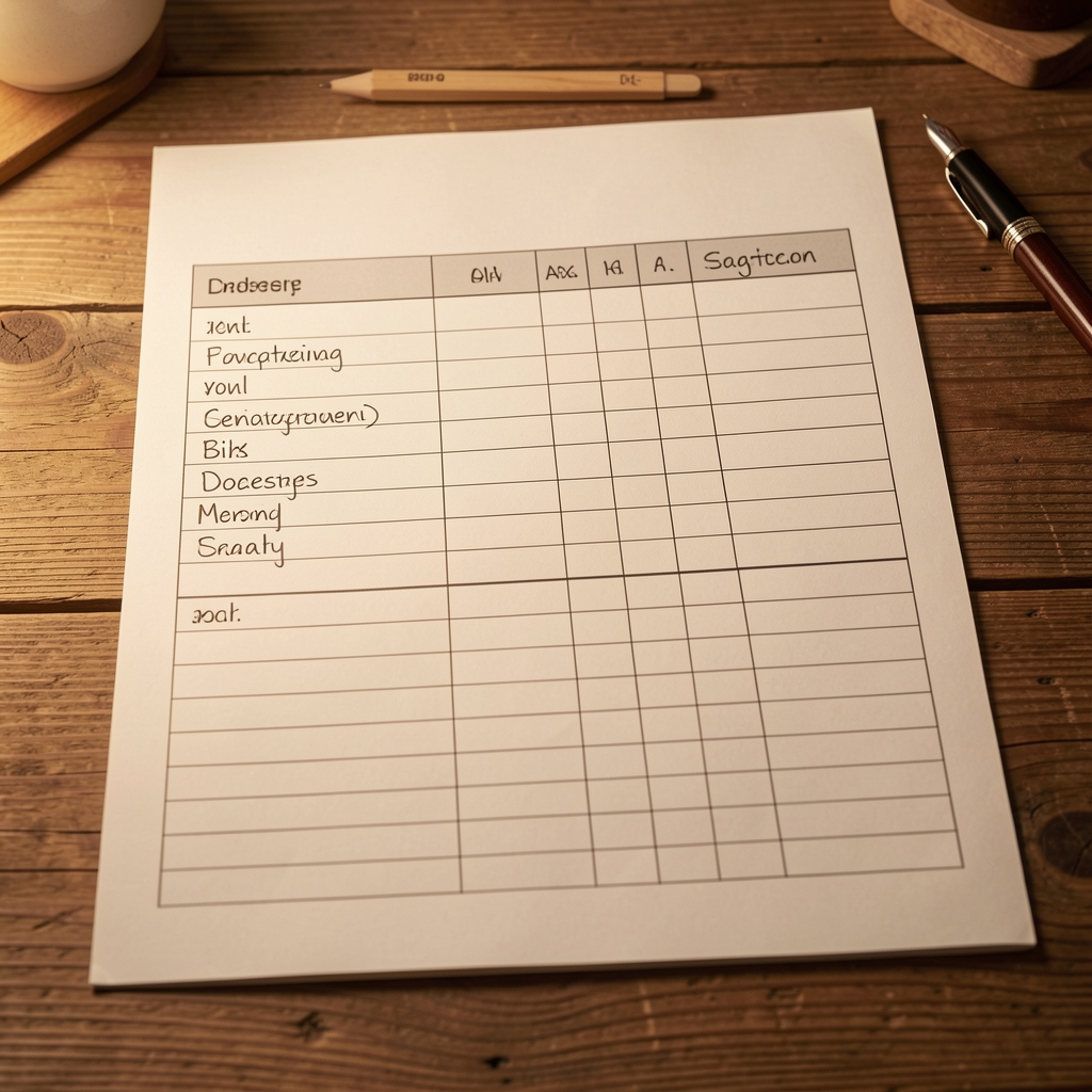 Detailed overview of a handwritten dietary assessment chart laid flat on a wooden desk under warm studio lighting