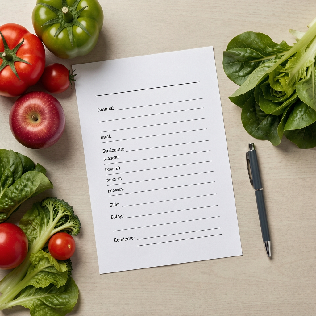 Overhead view of a dietary assessment form beside fresh vegetables and a pen on a neutral desk surface