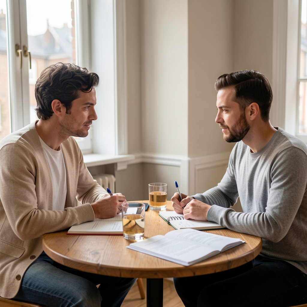 Two people in quiet conversation over notebooks at a small wooden table with drinks and papers visible